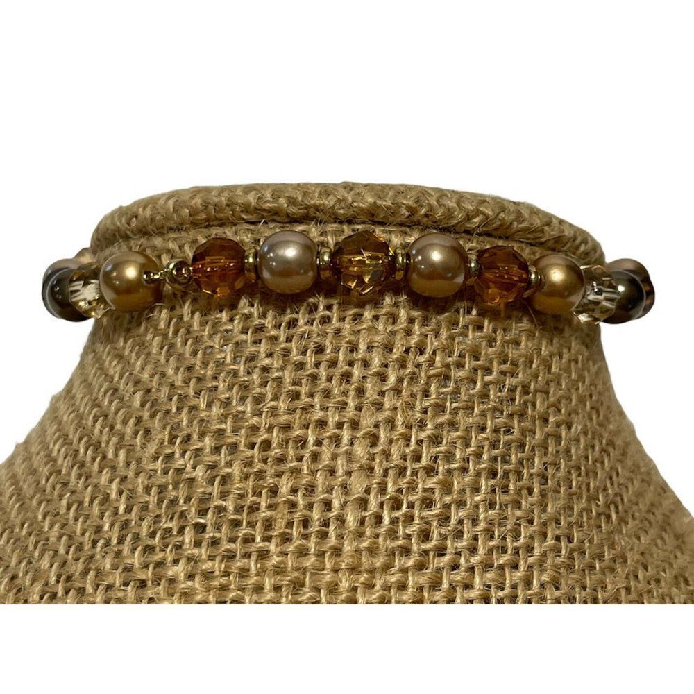 gold tone Chain adjustable slider bracelet beaded faux pearl Multi Faceted
